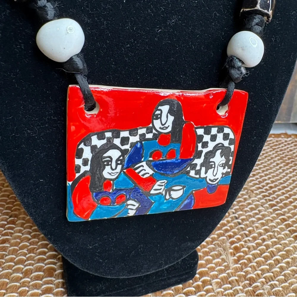 Eclectic Artist Signed Large Rectangular Ceramic Beaded Necklace